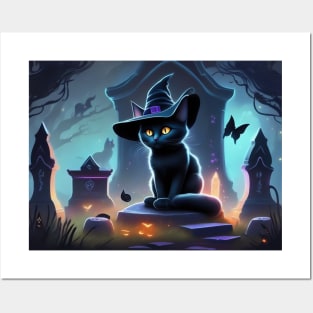 A little black witch cat on Halloween night Posters and Art